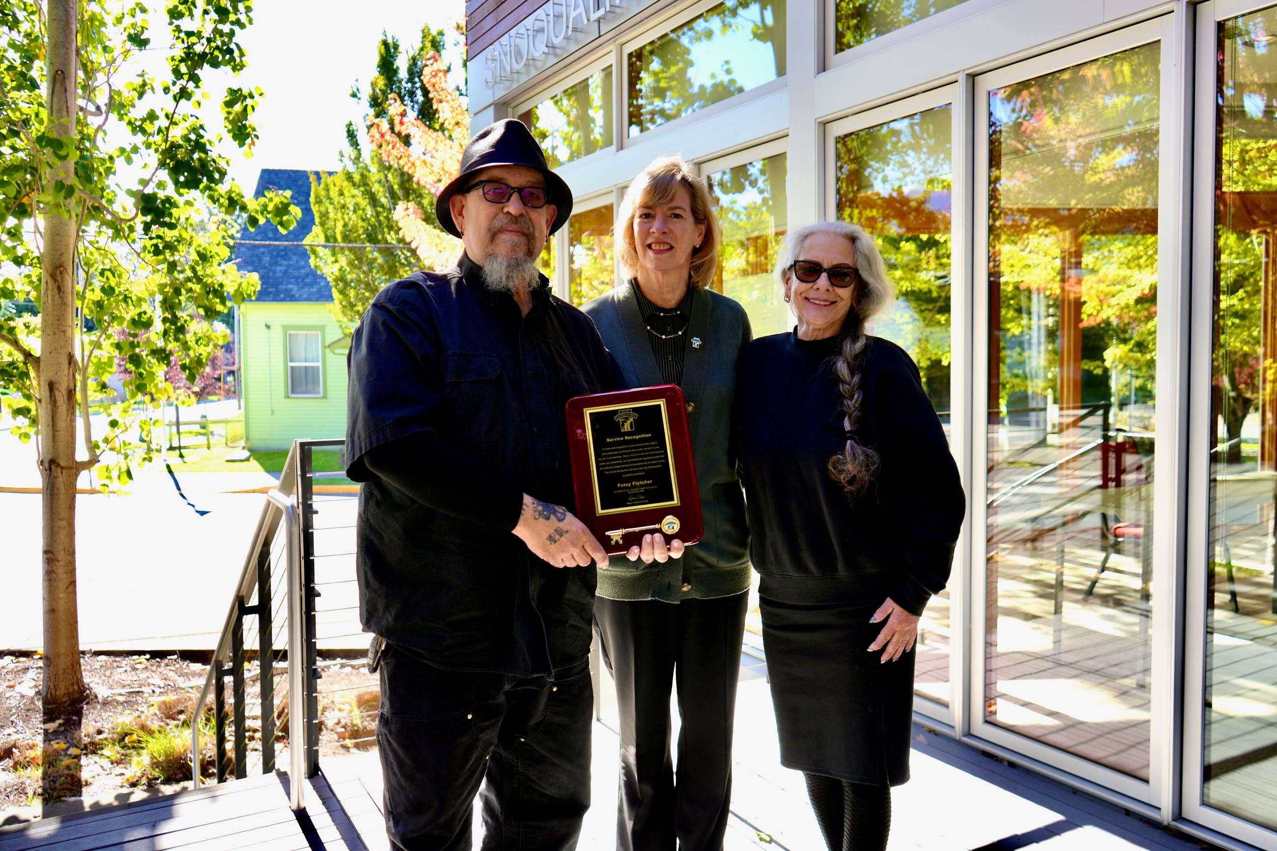 Former Mayor Fuzzy Fletcher, current Mayor Katherine Ross, and Fletcher's wife Becky 