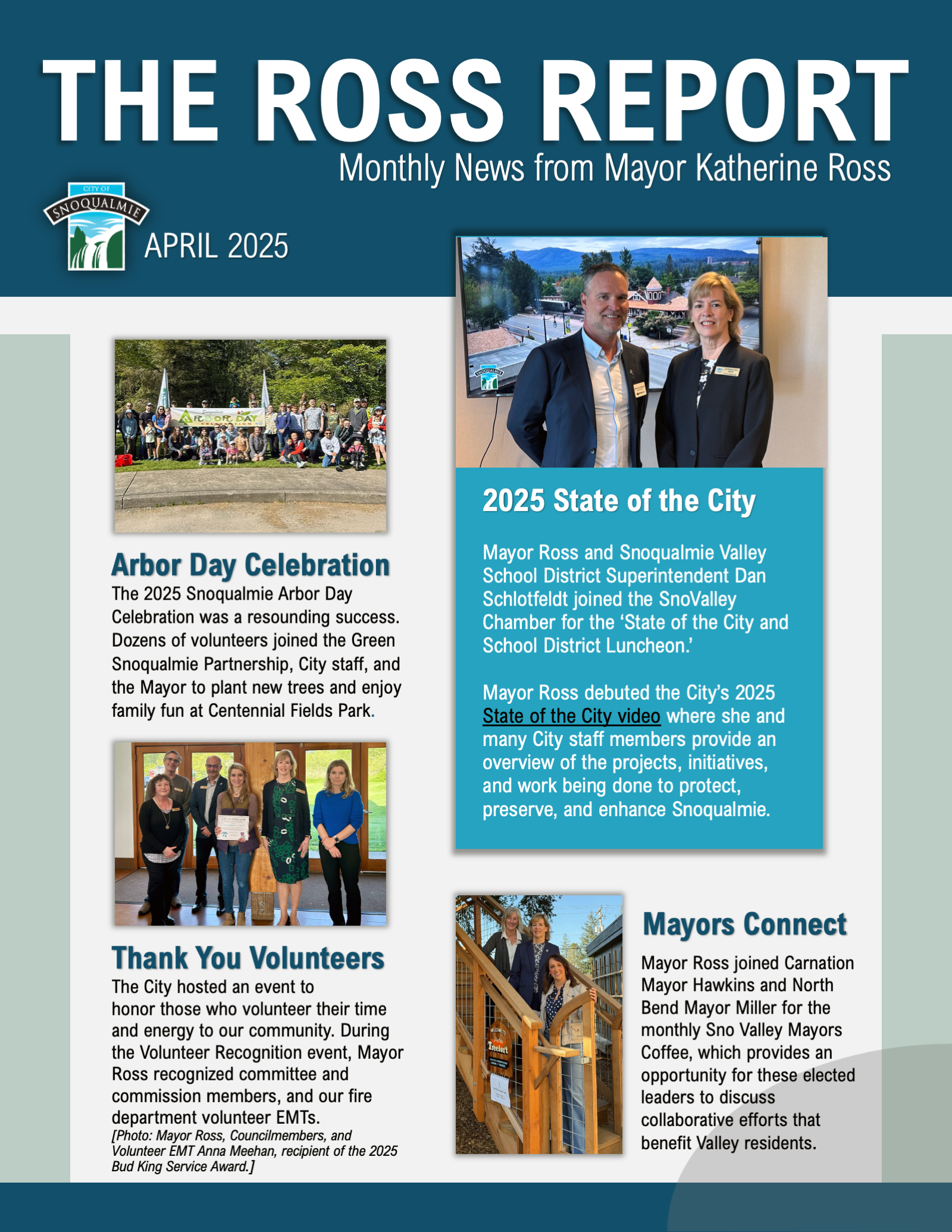 April 2025 Ross Report with highlights of Snoqualmie Mayor Ross work completed. 